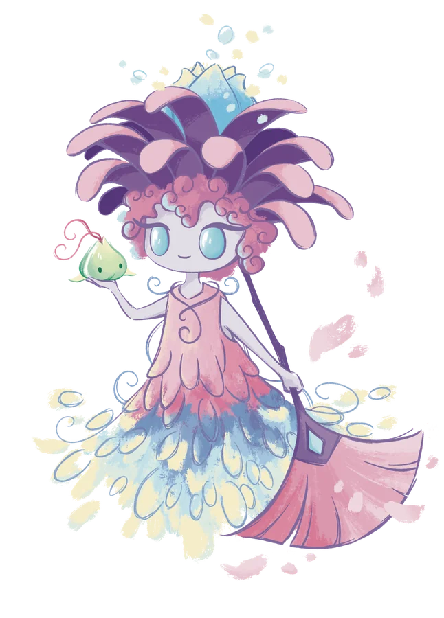 Florinda, Pittrice-fiore con capelli di petali rosa, con in mano una creaturina a forma di pera