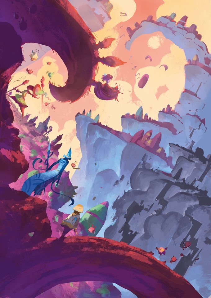 Copertina della Quickstart di Ink Tales: una gola dipinta con un piccolo avventuriero su un ponte rosso